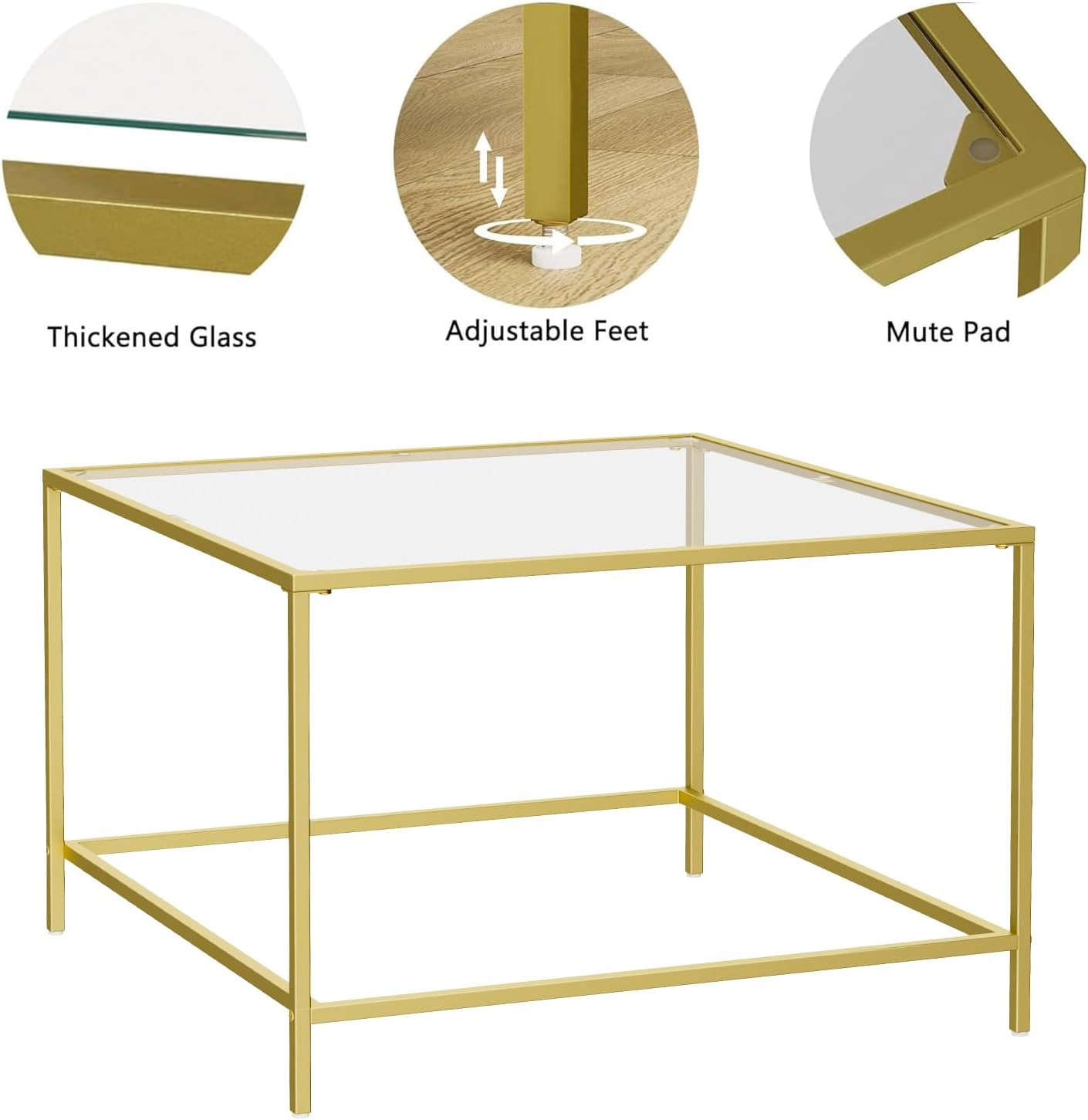 Glass Coffee Table, Modern Square Coffee Table for Living Room, Minimalist Center Tea Table with Sturdy Metal Frame for Apartment, Office, Easy Assembly, 27.6 x 27.6 x 17.7 Inches, Golden