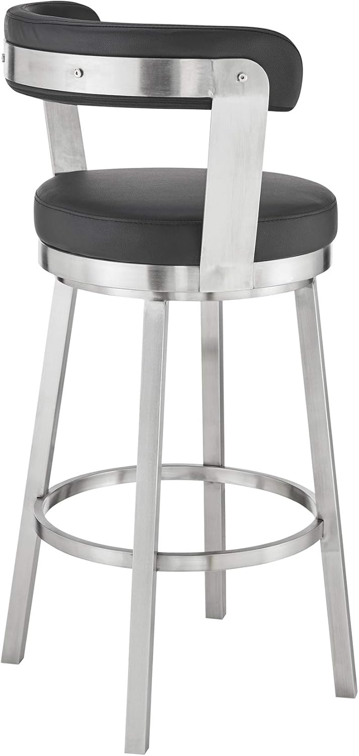 Armen Living Bryant Modern 26" Seat Height Black Faux Leather and Brushed Stainless Steel Metal Swivel Bar Stool for Kitchen Island Counter