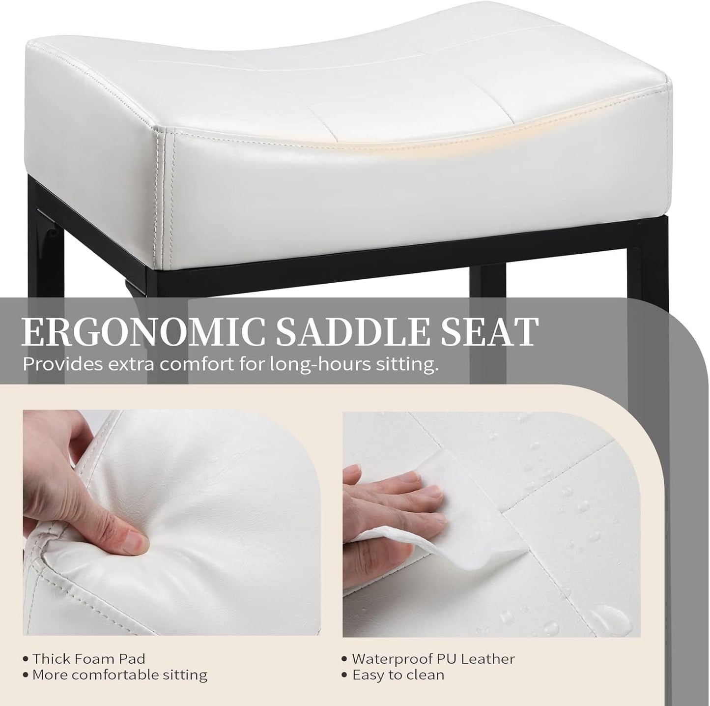 Off White Counter Height Bar Stools Set of 2, 24" White Bar Stools for Kitchen Counter with Saddle Cushion, Modern Backless Barstools Counter Stools Island Chair for Bar Kitchen