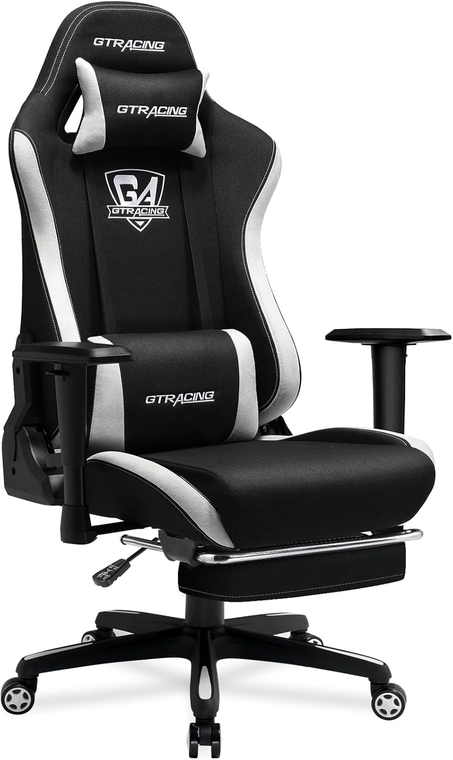 GTRACING Gaming Chair with Footrest, Fabric Breathable Big and Tall Ergonomic Computer Chair 350 lbs with Adjustable Lumbar Support and Recliner, High Back Game Chair for Office Gaming, Black