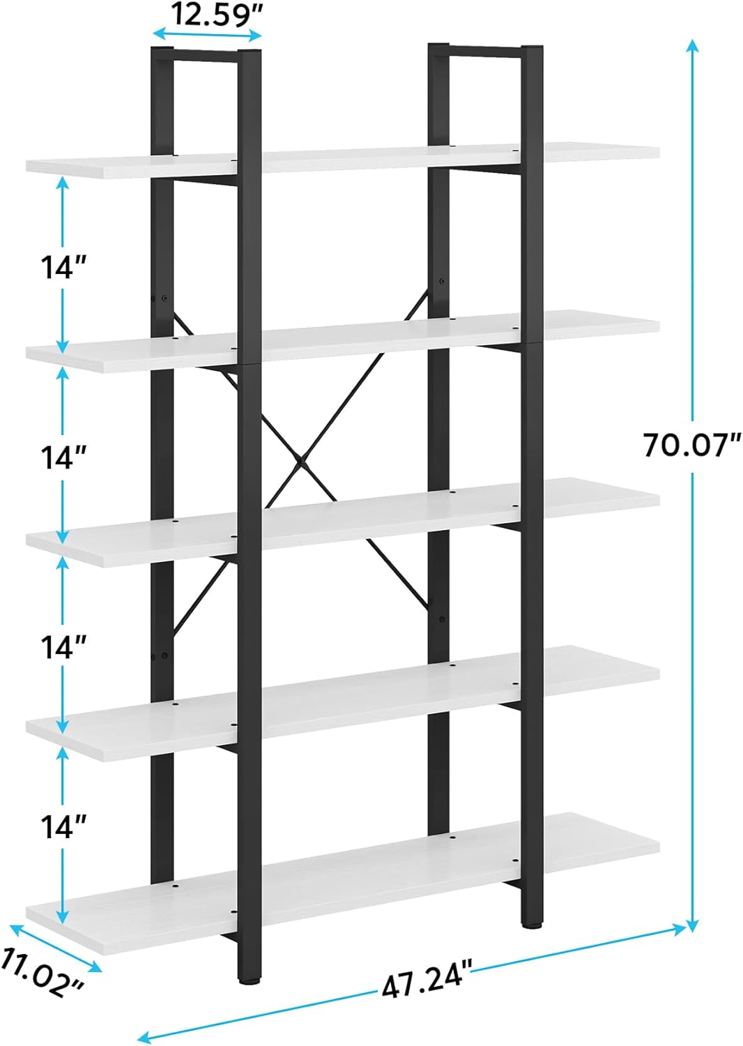 Tribesigns 5-Tier Bookshelf, Vintage Industrial Style Bookcase 72 H x 12 W x 47L Inches, White