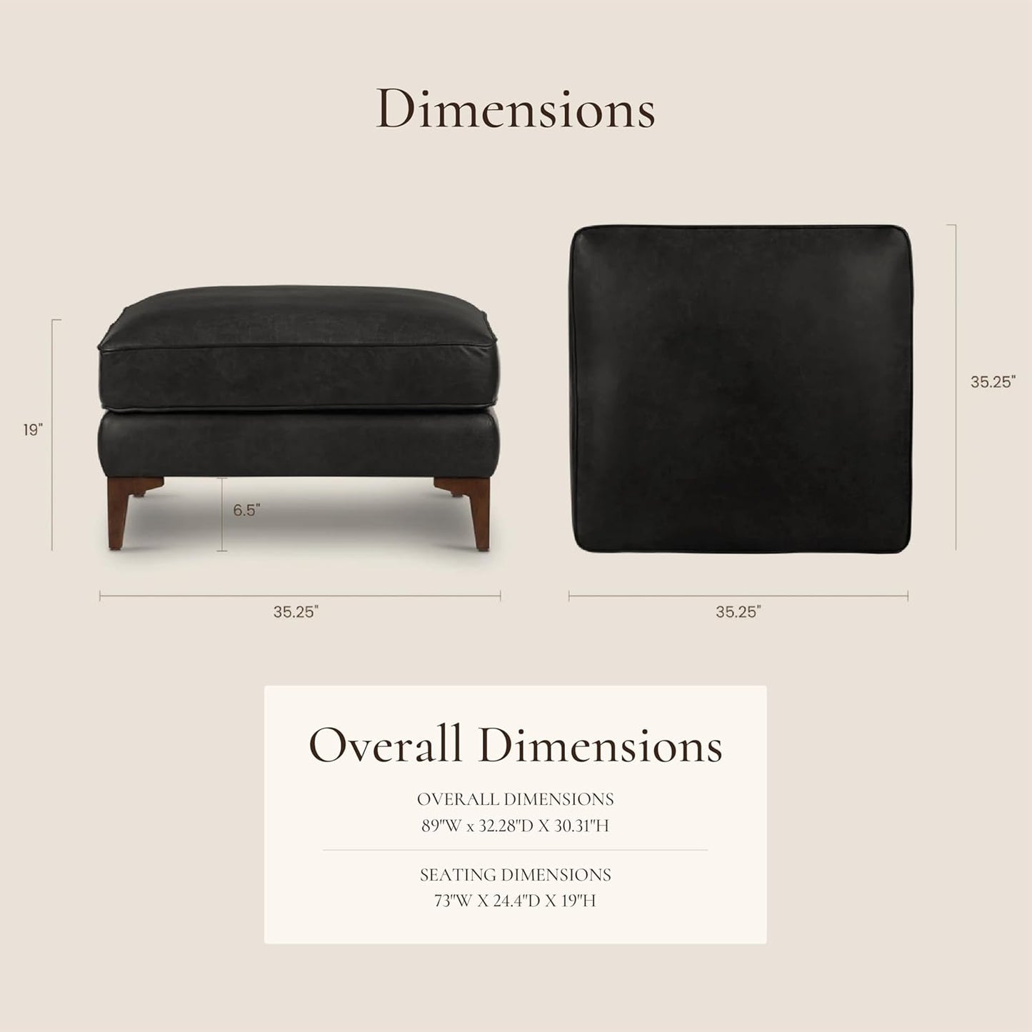 POLY & BARK Essex Ottoman - 35” Large with Feather-Down Topper - Full-Grain Leather Upholstered Ottoman - Couch for Living Room - Vintage Italian Leather in Onyx Black