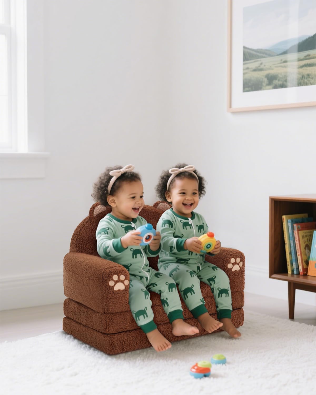 MOONBEEKI 2-in-1 Foldable Toddler Couch, Soft Sherpa Fabric with Washable Cover, Convertible Sofa to Lounger, Kids Sofa for Playroom, Bedroom, Living Room, Birthday Gift, Ages 3-6, Bear, Large