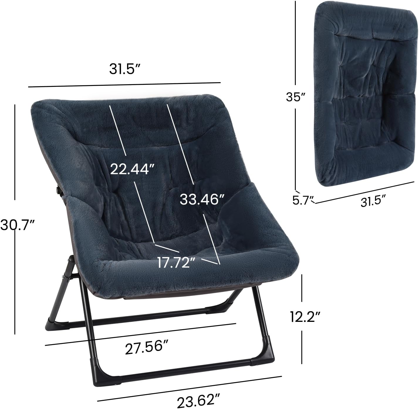 Comfy Saucer Chair for Adults, Soft Faux Fur Bedroom Chair, Accent Dorm Chairs, Flexible Living Room Reading Chairs, Oversized Folding Lounge Seat for Teens, X-Large, Navy Blue