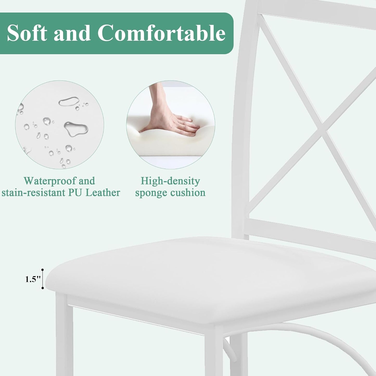 VECELO Metal Dining Chairs Set of 4, Steel Legs and PU Leather Cushion Seats for Kitchen, Living Room, White