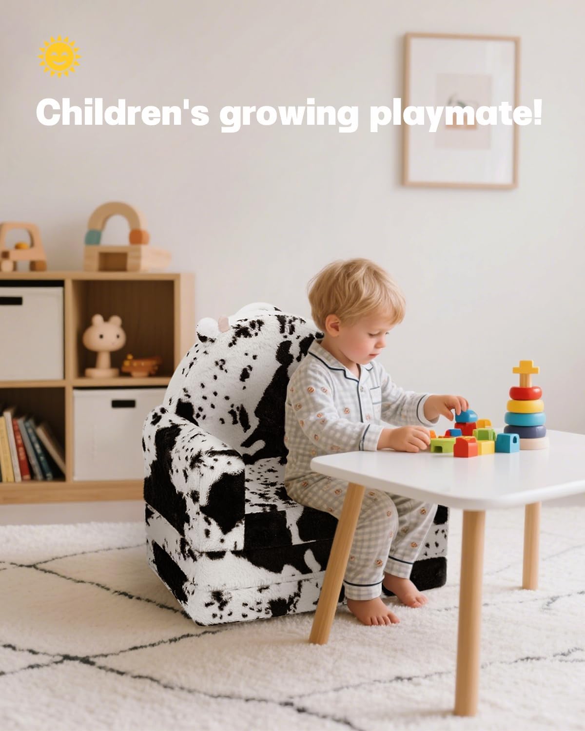 2-in-1 Toddler Chair and Couch – Soft Faux Rabbit Fur, Cow Pattern Design, Fold Out Seat for Reading & Nap, Ages 1–3