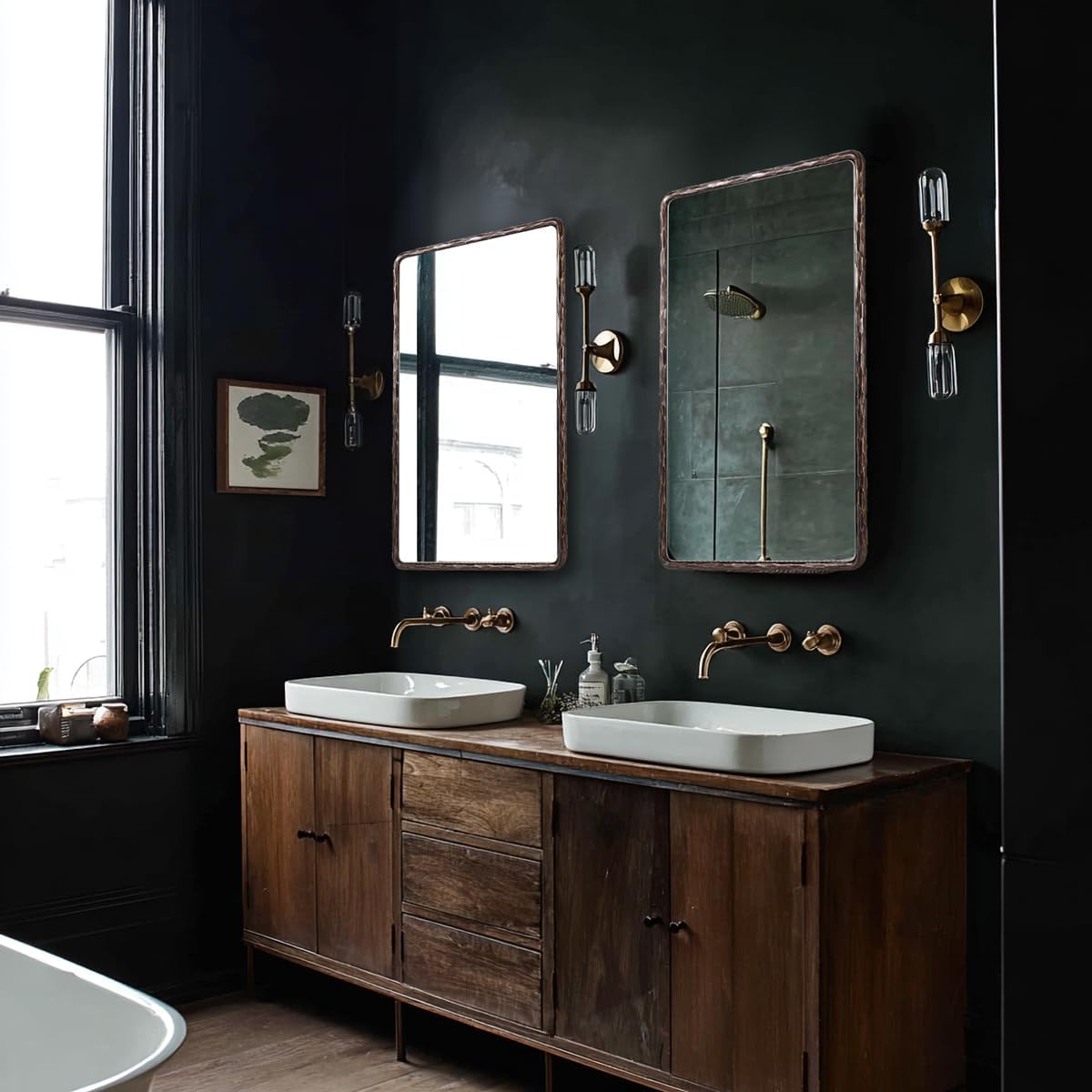 ANDY STAR Hand-Forged Bronze Bathroom Mirror for Wall, 24x36 Inch Vintage Solid Steel Metal Frame Bathroom Vanity Mirror, Antique Rounded Rectangle Wall Mirror, Hangs Horizontally or Vertically