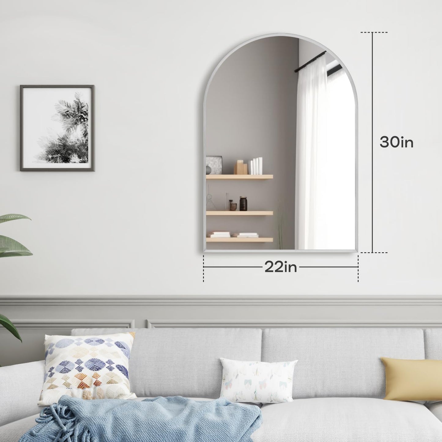 22" x 30" Silver Arched Mirror, Arch Bathroom Vanity Mirror, Modern Aluminum Alloy Metal Frame Arch Mirror for Living Room, Bedroom, Entryway, Tempered Glass, Shatter Proof, Anti-Rust
