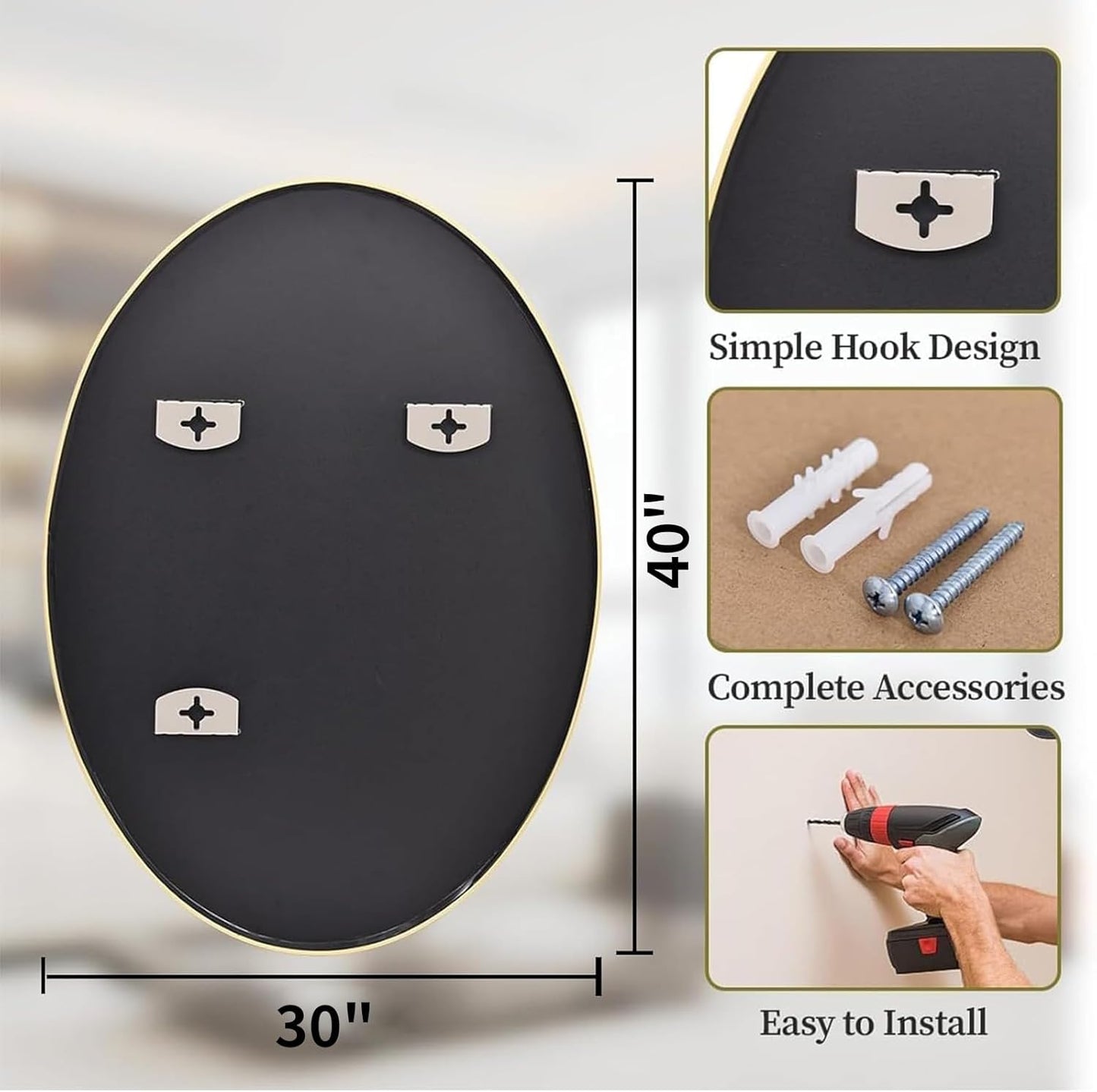 Koonmi Gold Oval Bathroom Mirror, 30"x48" Bathroom Vanity Mirror, Oval Mirror for Bedroom Living Room Entryway, Hangs Horizontal or Vertical