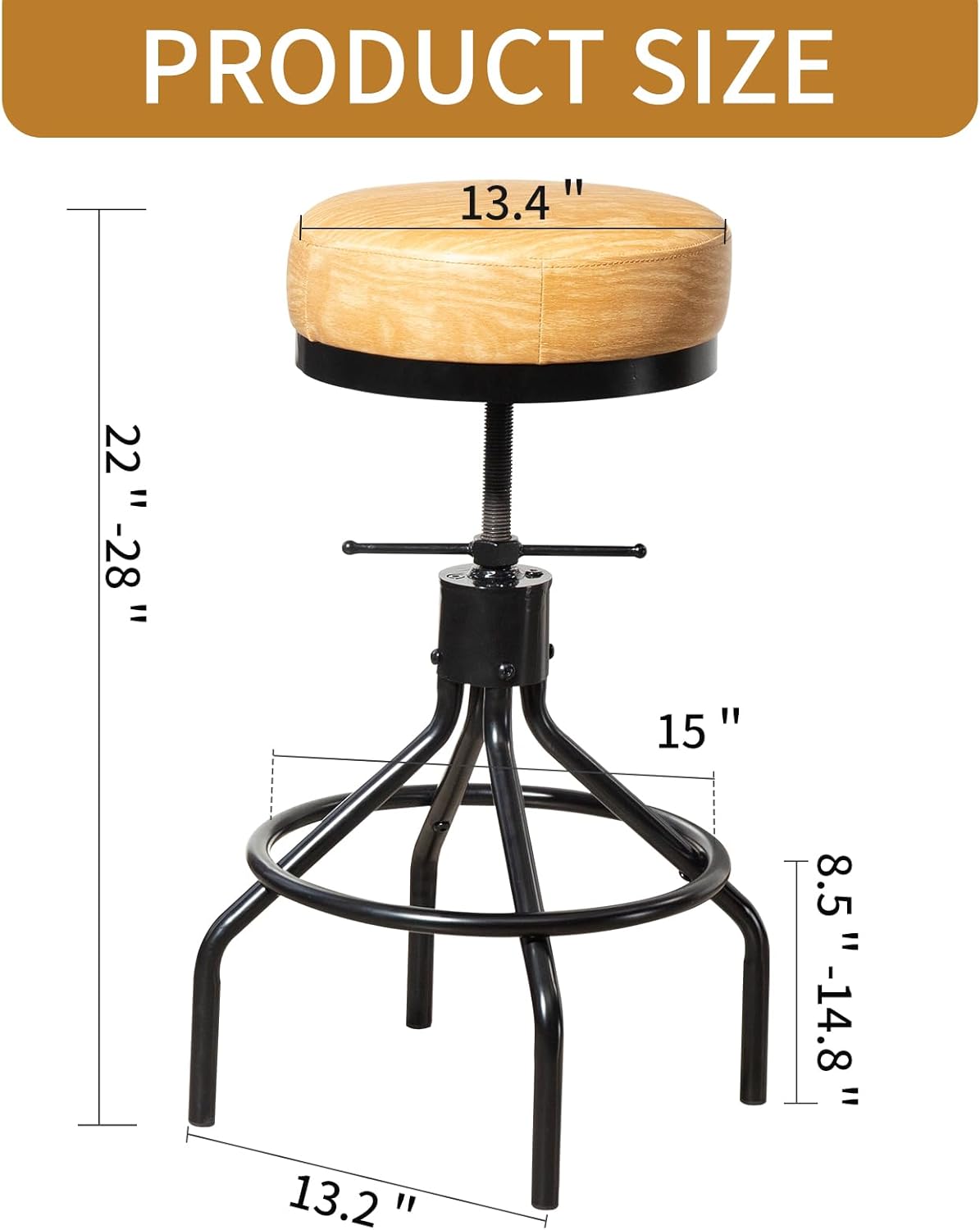 Swivel Bar Stools Set of 2 Adjustable Swivel Round Barstools Modern PU Leather 28inch Backless Counter Height Stool Metal Industrial Bar Chair for Kitchen Island (2, Ash Wood PU Leather)