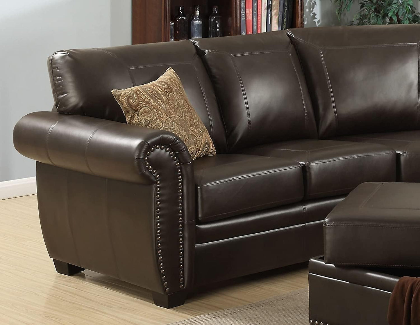 AC Pacific Louis Collection Traditional 3-Piece Upholstered Leather Living Room Sectional with Antique Nail Head Trim and 2 Accent Pillows, Brown