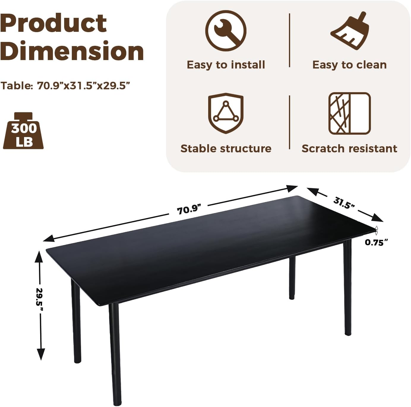 DELAVIN 70.8" Large Solid Wood Dining Table for 6-8 People, Mid Century Modern Rectangular Oak Kitchen Table, Farmhouse Dining Room Table, Easy Assembly, Black