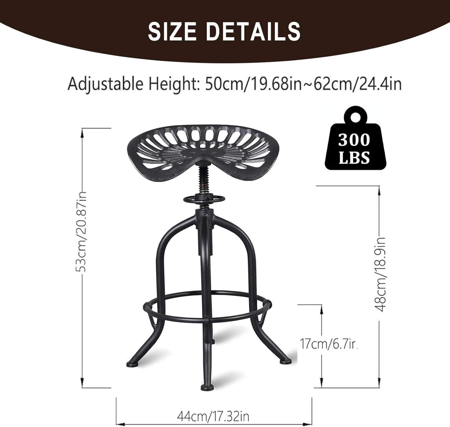 Industrial Bar Stool Farmhouse Tractor Saddle Stool Kitchen Counter Height Adjustable Bar Stool Metal Bar Stool 19.6-24 Inch Pub Bar Stool,Set of 2, Black