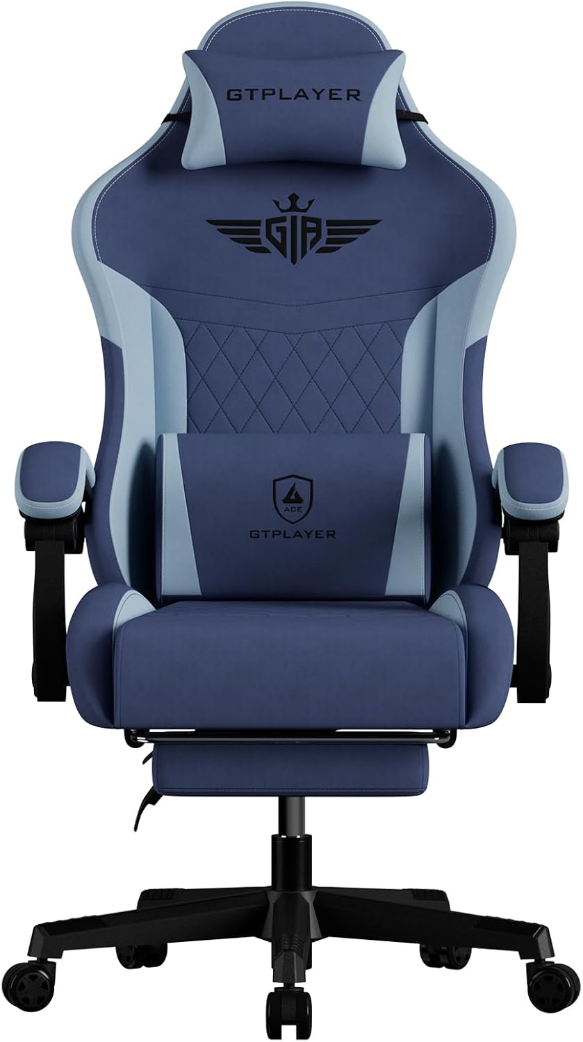 GTPLAYER Gaming Chair, Video Game Chairs with Footrest and Lumbar Support, Computer Chair for Adults with Extended Backrest, Ergonomic Reclining Silla Gamer, Fabric, Dark Blue