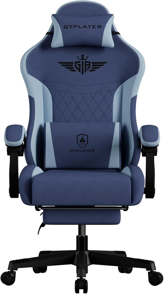 GTPLAYER Gaming Chair, Video Game Chairs with Footrest and Lumbar Support, Computer Chair for Adults with Extended Backrest, Ergonomic Reclining Silla Gamer, Fabric, Dark Blue