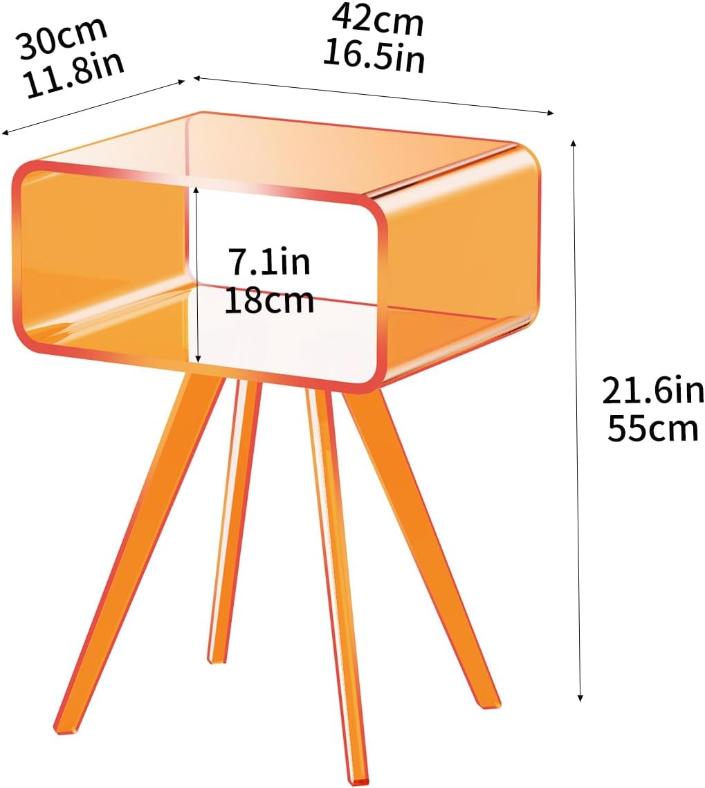Acrylic Side Table, Acrylic Nightstand Bedside Table for Bedroom (Orange, 16.5'' x 11.8'' x 21.6'')