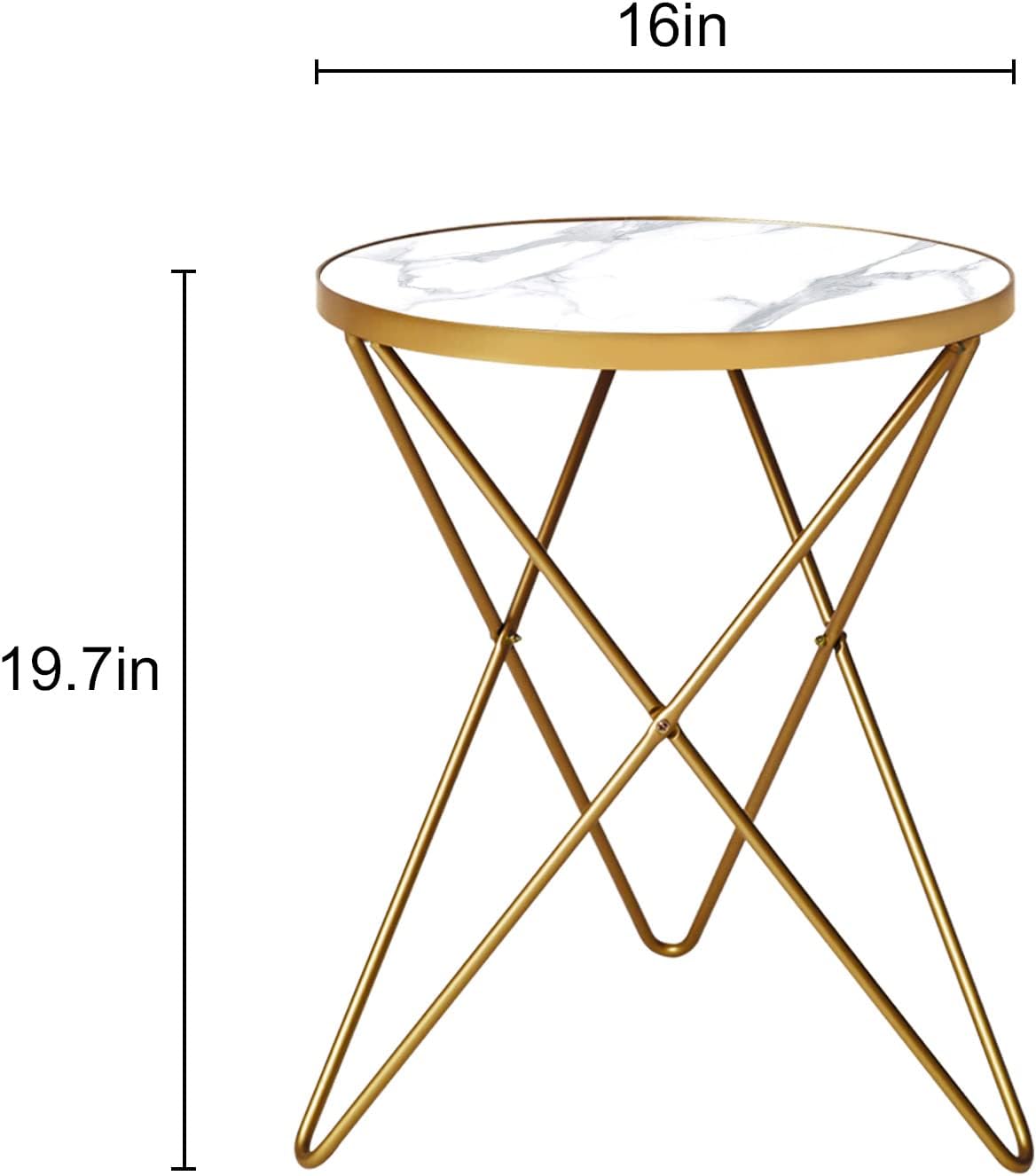 HLR Modern Round Side Table, End Table with Marble Effect Top and Gold Metal Frame, Small Side Table for Living Room, Bedroom, Sofa and Couch, Gold Legs, White Marble top