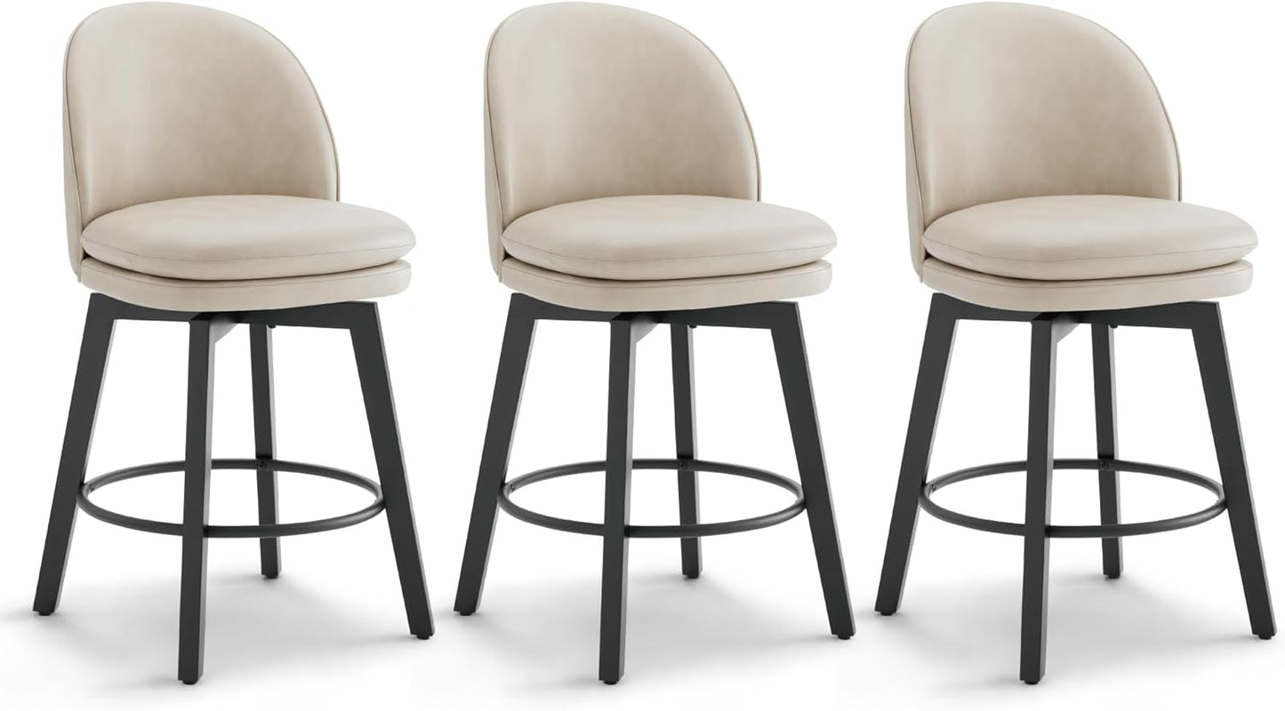 Counter Height Barstools 26 inch Upholstered Swivel Bar Stools with Back and Wood Legs for Kitchen Island,Set of 3,Beige PU Leather-Armless