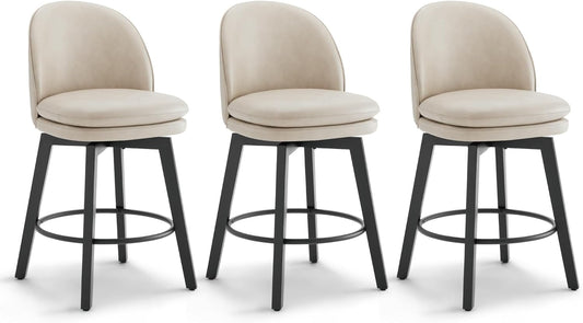 Counter Height Barstools 26 inch Upholstered Swivel Bar Stools with Back and Wood Legs for Kitchen Island,Set of 3,Beige PU Leather-Armless