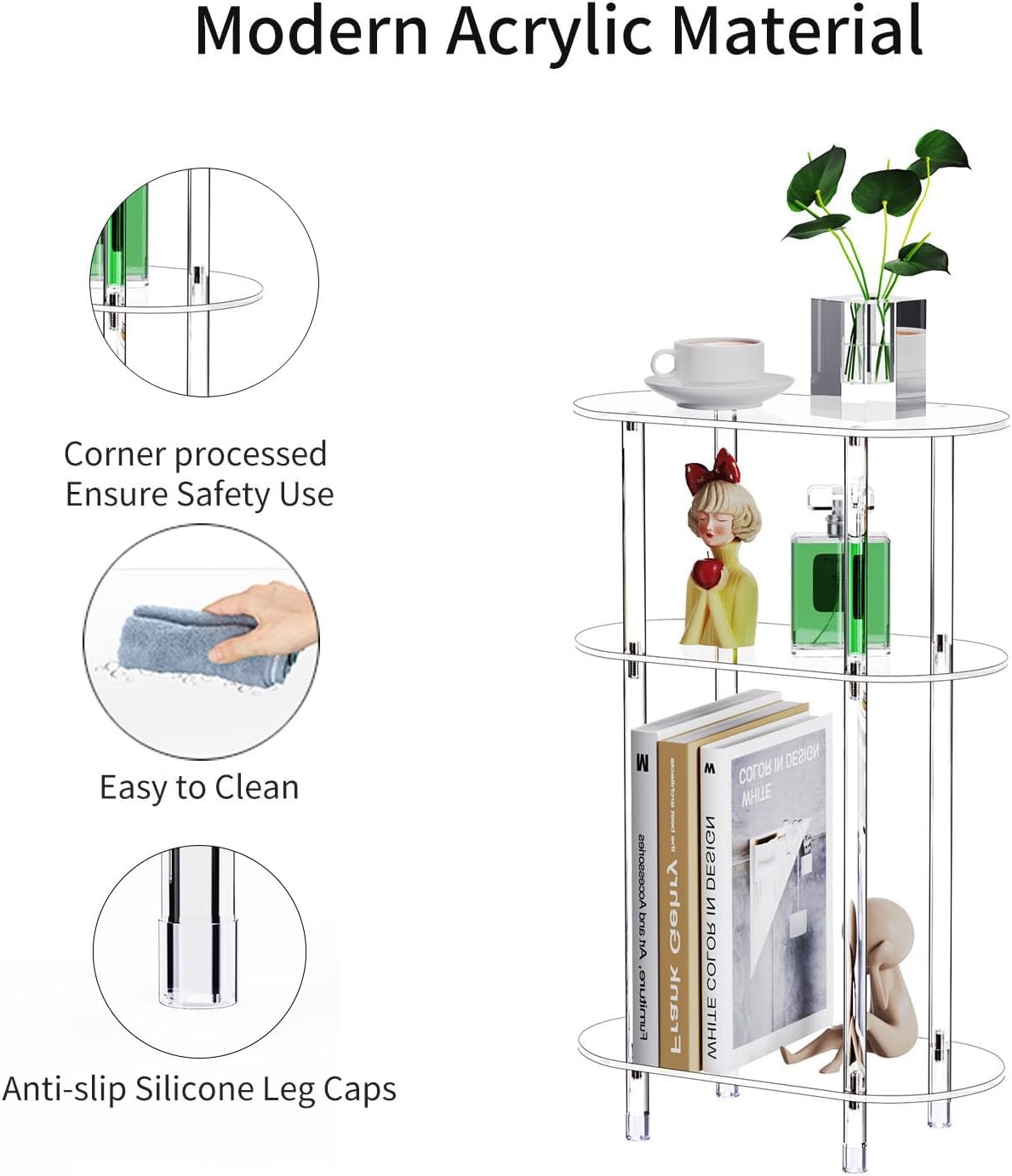 Clear Acrylic Narrow Side Table for Small Spaces, 15.75" L x 7.87" W x 24.6" H, 3 Tier Oval Slim End Table Nightstand, Small Minimalist Skinny Bedside Table for Bedroom, Bathroom, Living Room