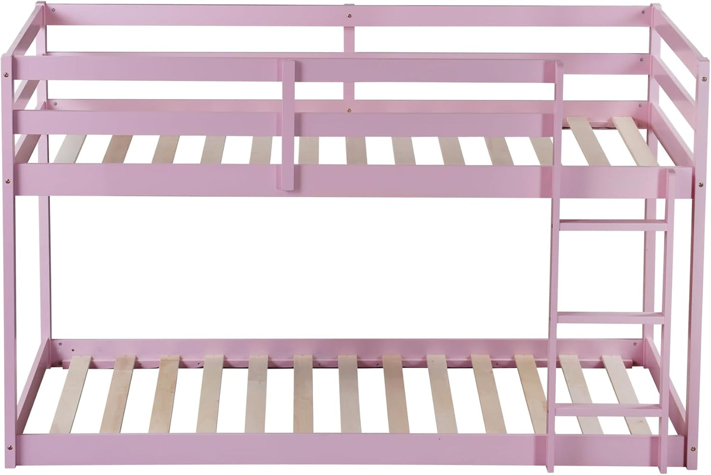 Ball & Cast Bunk Bed Twin Over Twin,Floor Bunk Bed with Ladder,Solid Rubber Wooden Bed Frame w/Full Length Guardrail,for Dormitory, No Box Spring Needed,for Kids Teens,Pink