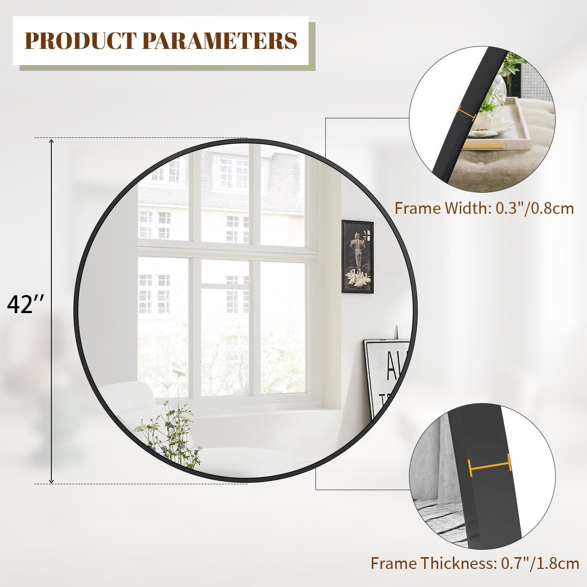 BEAUTYPEAK 42 Inch Round Mirror, Metal Frame Circle Mirror, Wall Mounted for Entryway, Bathroom, Vanity, Living Room, Black