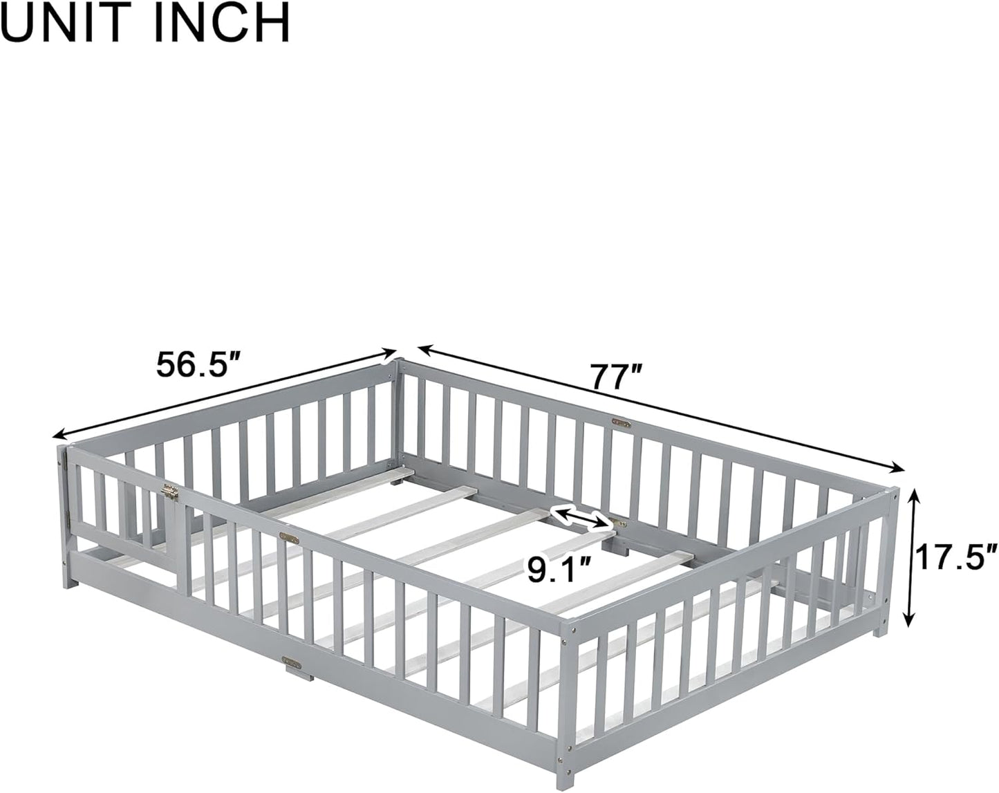 Bellemave Full Floor Bed with Slats and Safety Guardrails, Kids Montessori Floor Beds with Fence and Door, Easy Assemble Floor Bed for Kids, Girls, Boys, Gray