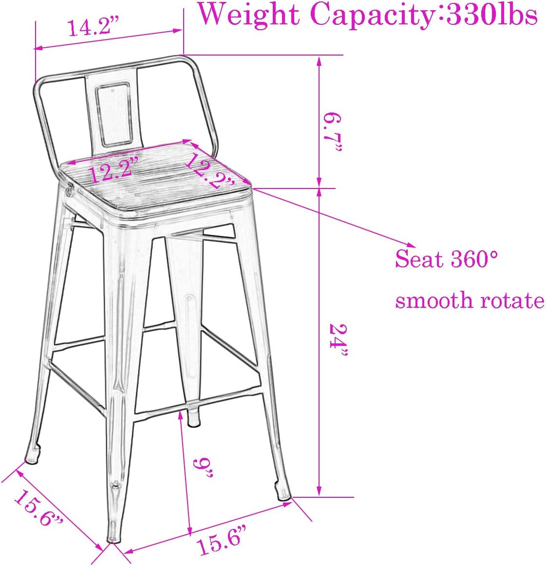 24 Inch Swivel Bar Stools Set of 4 with Backs Counter Height Industrial Metal Barstools Island Bar Chairs for Home Kitchen Dining Room (Swivel 24 inch, Silver Wooden)