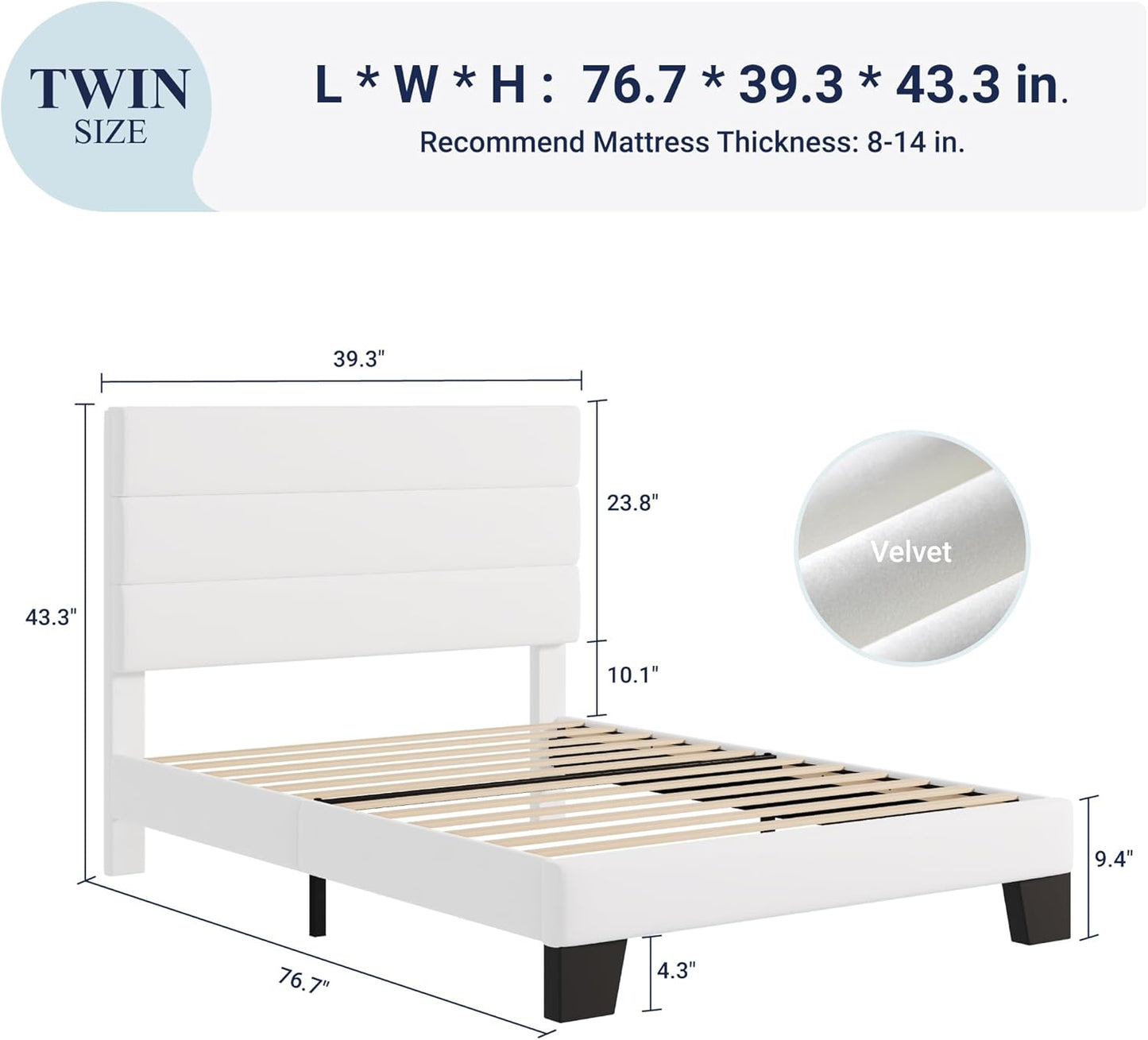 Allewie Twin Size Platform Bed Frame with Velvet Upholstered Headboard and Wooden Slats Support, Fully Upholstered Mattress Foundation/No Box Spring Needed/Easy Assembly, White
