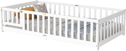 Twin Floor Bed with Slats and Center Support Bar, Wood Montessori Floor Bed with Fence and Door, Kids Montessori Bed Twin Size, Twin Size Montessori Floor Bed for Kids, Girls, Boys(Twin White)