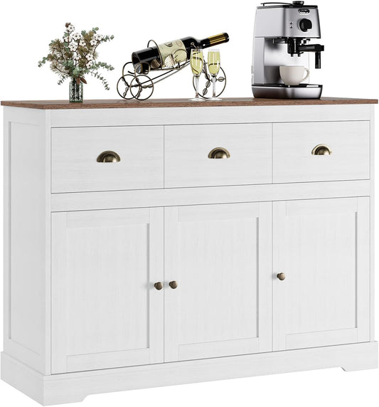 Keyluv Buffet Cabinet Storage Kitchen Sideboard Farmhouse Buffet Server Bar Wine Cabinet with 3 Drawers & 3 Doors Adjustable Shelves Console Table for Dining Living Room Cupboard, Antique White