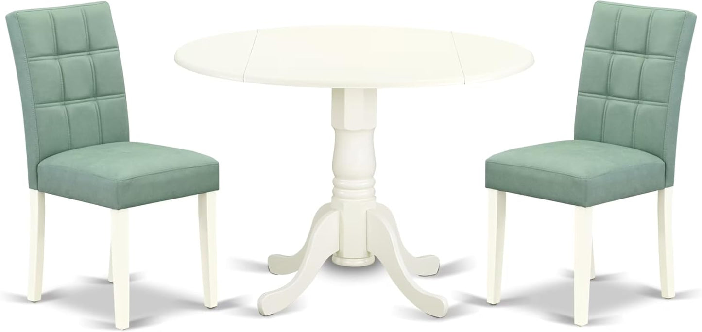 East West Furniture DLAS3-WHI-43 3 Piece Modern Dining Set contain A Wood Dining Table and 2 Willow Green Polyester Fabric Mid Century Chairs, Linen White