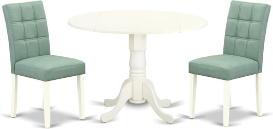 East West Furniture DLAS3-WHI-43 3 Piece Modern Dining Set contain A Wood Dining Table and 2 Willow Green Polyester Fabric Mid Century Chairs, Linen White