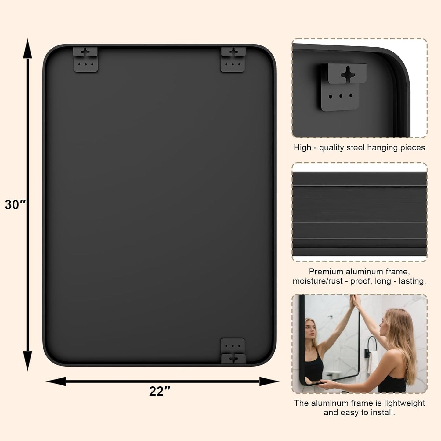 22"×30" Bathroom Mirror for Wall, Modern Bathroom Vanity Mirror, Black Bathroom Mirrors for Over Sink with Metal Framed HD Tempered Glass Hangs Horizontally or Vertically