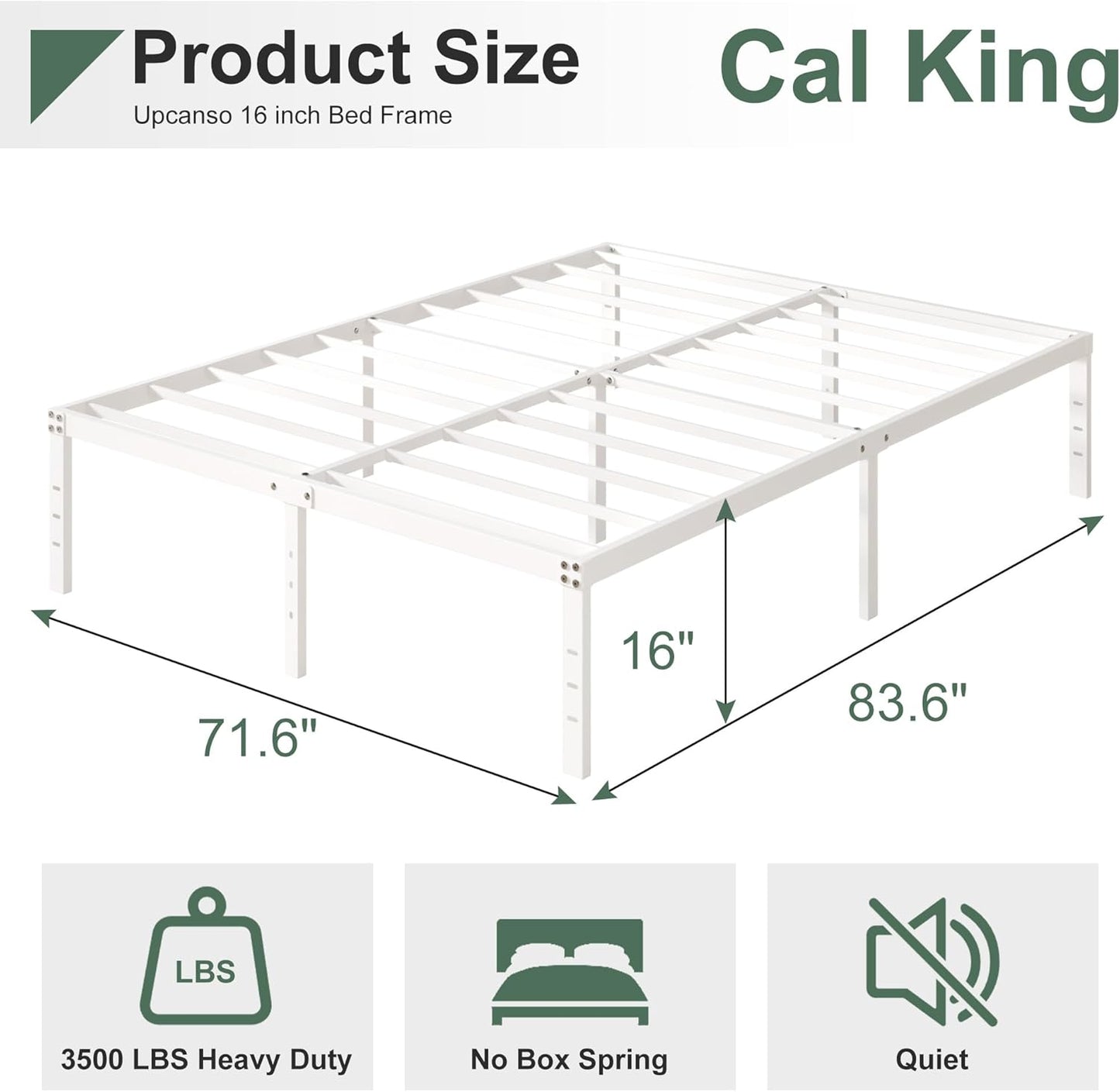 16 Inch White California King Bed Frames No Box Spring Need, Platform Cal King Bed Frame with High Storage, Eassy Assembly 3,500 lbs Heavy Duty Bedframes