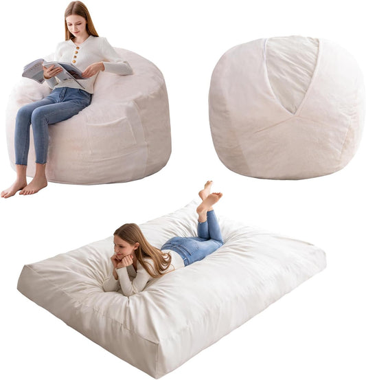 HIGOGOGO Giant Bean Bag Chair Bed for Adults,Convertible Beanbag Folds from Lazy Chair to Floor Mattress Bed,Large Floor Sofa Couch for Adult,Couples,Family, Machine Washable, Beige