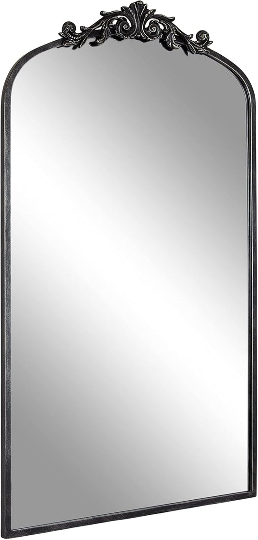 Kate and Laurel Arendahl Vintage Glam Arched Tall Panel Mirror; 24 x 42; Antique Black; Traditional Baroque Large Body Wall Mirror with Ornate Garland Inspired Crown