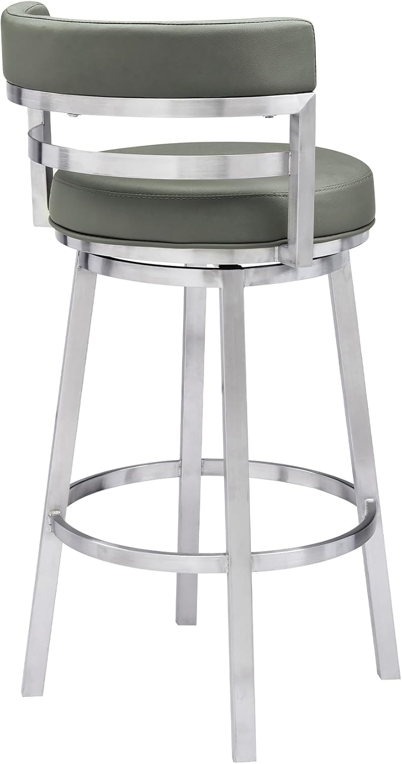 Armen Living Titana 30" Bar Height Swivel Grey Faux Leather and Brushed Stainless Steel Bar Stool