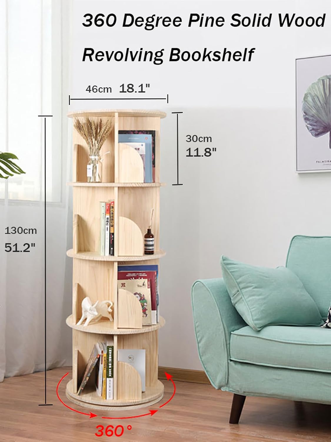 Rotating Bookshelf 360 Degrees, 4 Tier Stackable Solid Wood Bookshelf Organizer, Storage Display Rack Floor Standing Bookcase for Kids&Adults (51"x17.32"x17.32")