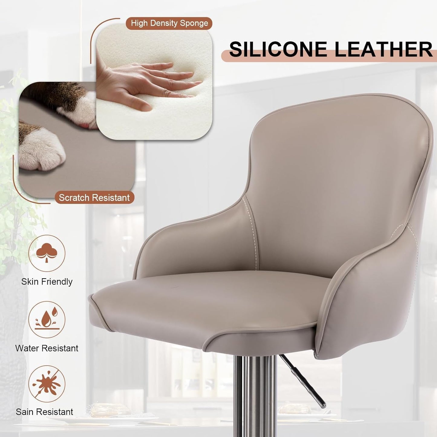 Black Titanium Stainless Steel Bar Stools,Grade Modern Leather Bar Chair with Backrest,Swivel Adjustable Height for Kitchen Counter and Dining Room (Grey Leather-2pcs)