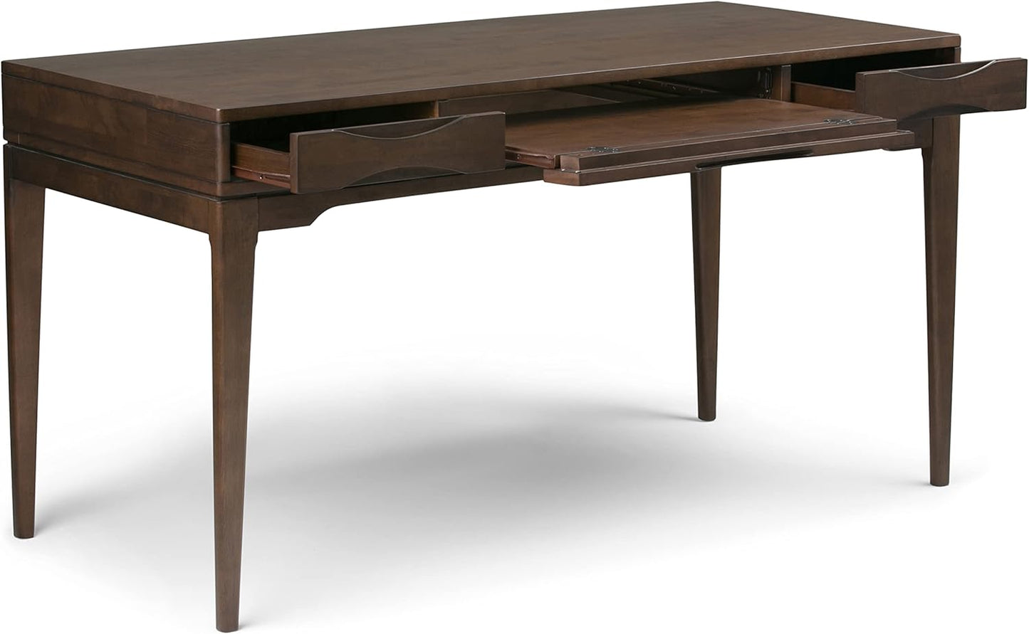 SIMPLIHOME Harper Desk - 60-Inch Wide Solid Hardwood Writing Desk in Walnut Brown, Mid-Century Modern Home Office Computer Table for Workspace or Study with 2 Drawers and Flip-Down Keyboard Tray
