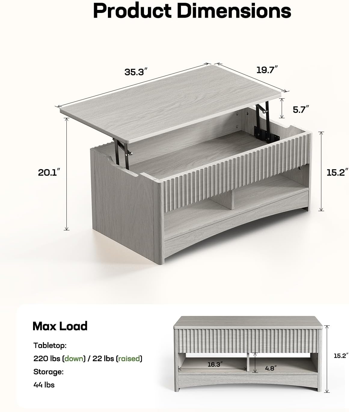 Marsail Lift Top Coffee Table with Open & Hidden Storage, Modern Fluted Coffee Table with Smooth Lift Mechanism, Sturdy Space-Saving Center Table for Home Living Room, Office, Light Grey
