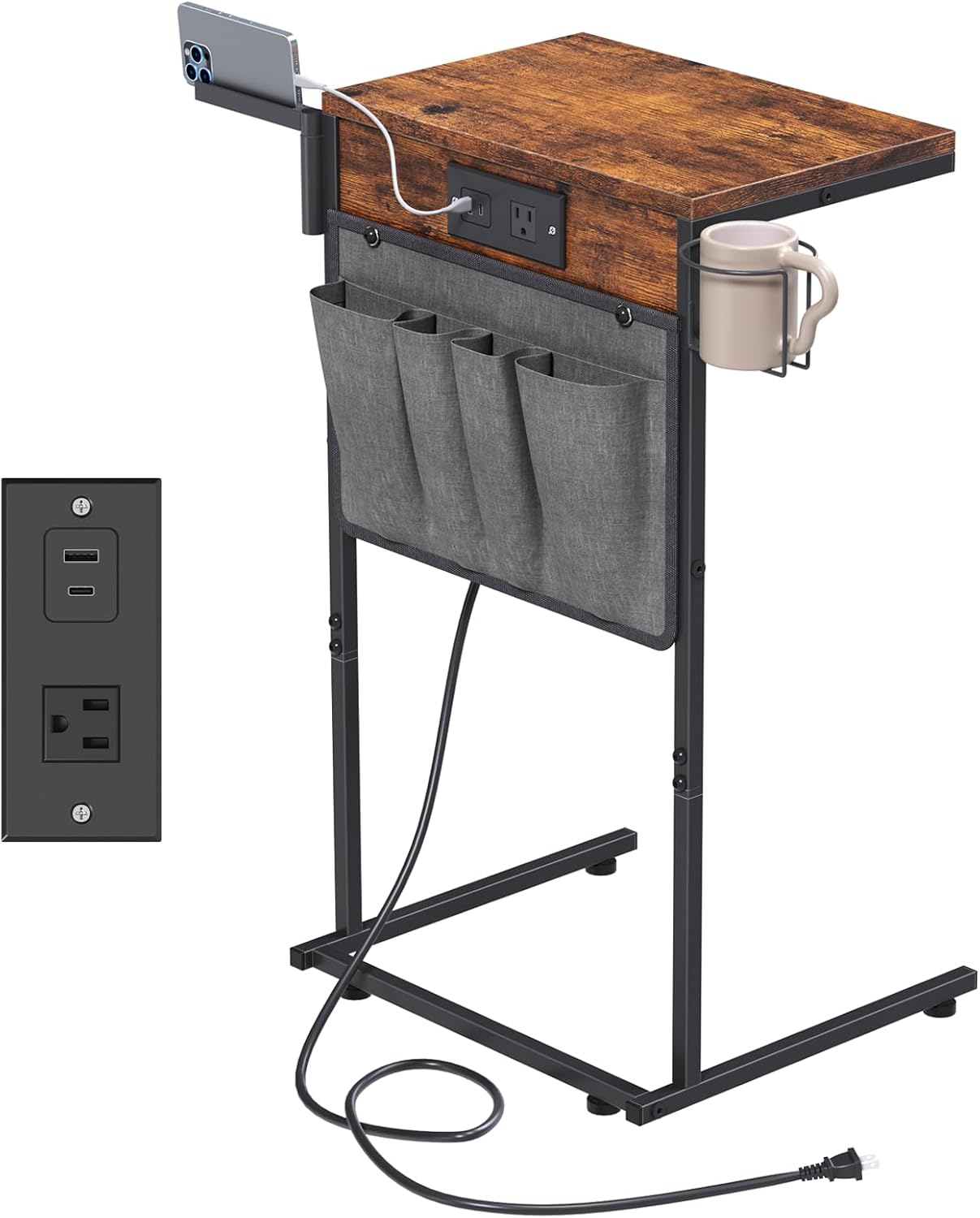 C Shaped End Table with Charging Station, Small TV Tray with Cup Holder and Phone Holder, Couch Side Tables that Slide Under with Storage Bag for Sofa, Recliner, Rustic Brown