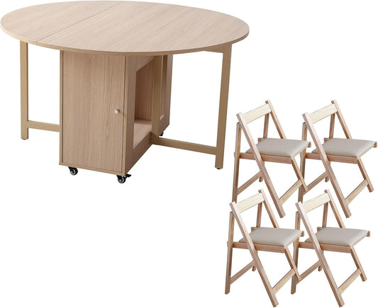 Wood Round Folding Dining Table with 4 Chairs, Solid Wood Folding Chair Set of 2, Space Saving Foldable Dining Table with 4 Chairs
