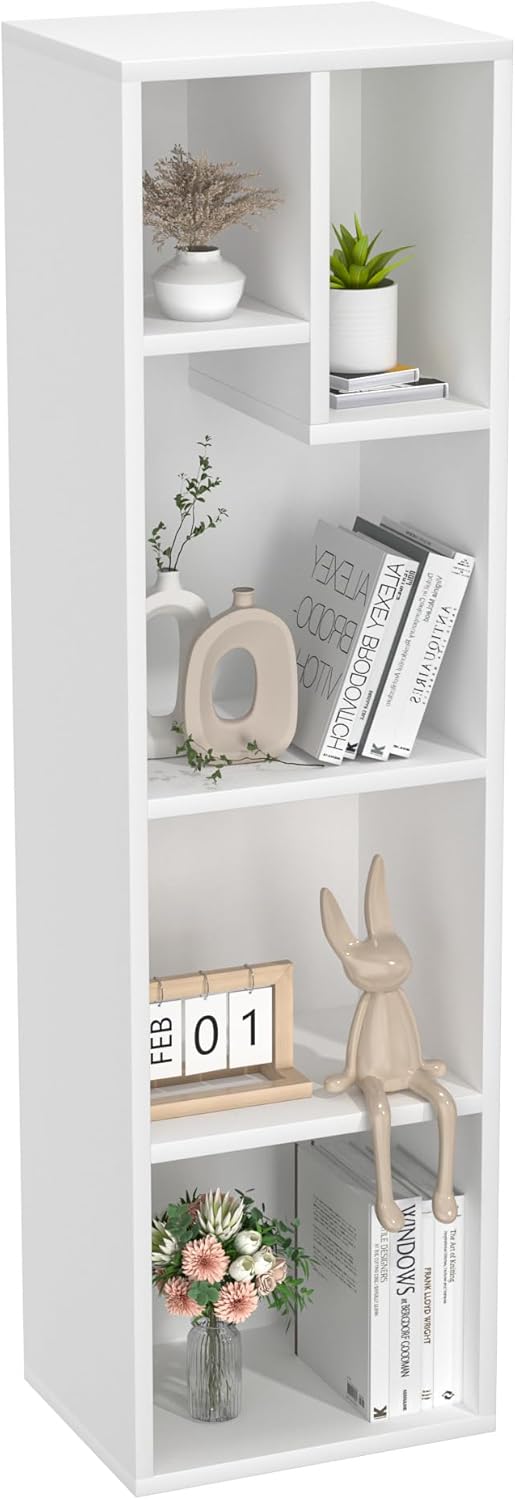 VECELO Small White Bookshelf, 5 Cube Slim Bookcase, Fits Tallest Hardcovers, Horizontal Available, Modern Floor Standing Unit, Each Shelf Hold Up to 66 LBS,Pearl White