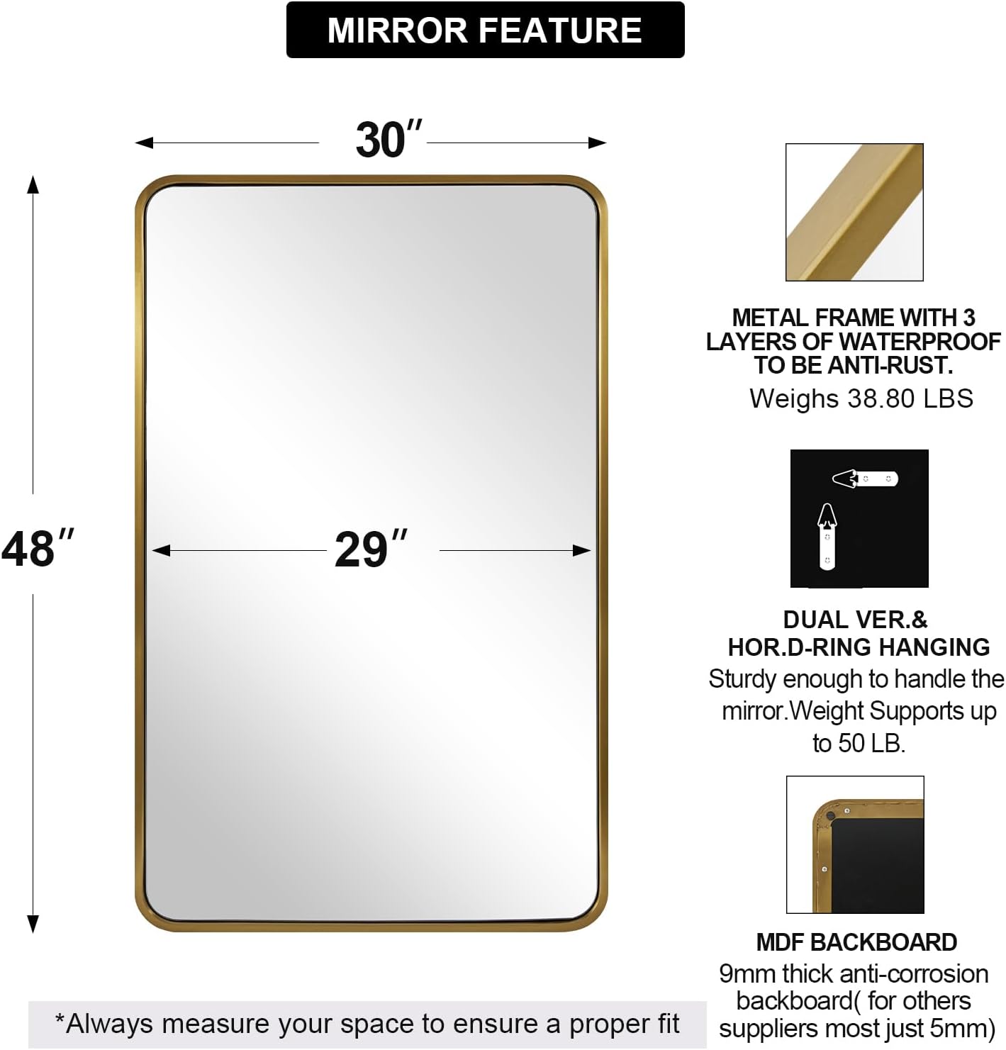 ANDY STAR Brushed Gold Bathroom Mirror 48”X30”, Brass Bathroom Vanity Mirror Rounded Rectangle, SUS304-Anti-Rust Metal Frame Mirror, Wall Mounted Horizontal/Vertical 1’’ Deep