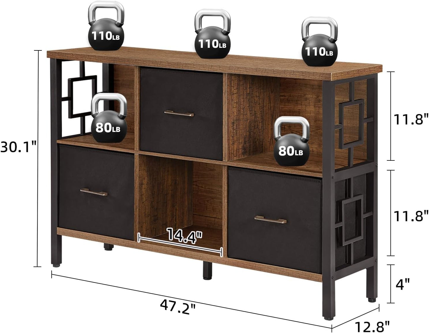 HOMISSUE 6 Cube Storage Organizer Shelf, Rustic Short Bookshelf with 3 Storage Bins, Industrial Horizontal Bookshelf with Metal Frame, Low and Wide Cube Bookcase for Living Room and Office, Brown