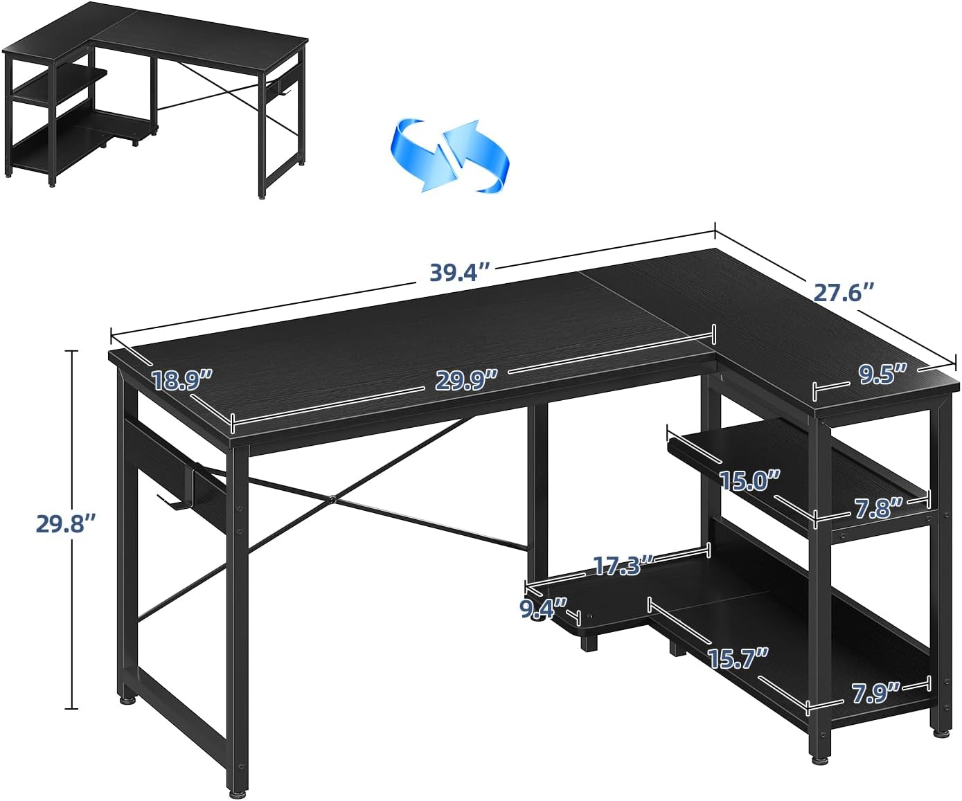 Casaottima L Shaped Computer Desk, 48 Inch Small Corner Desk with Storage Shelves & PC Stand, Reversible Gaming Desk for Bedroom, Modern Writing Study Table for Home Office, Black
