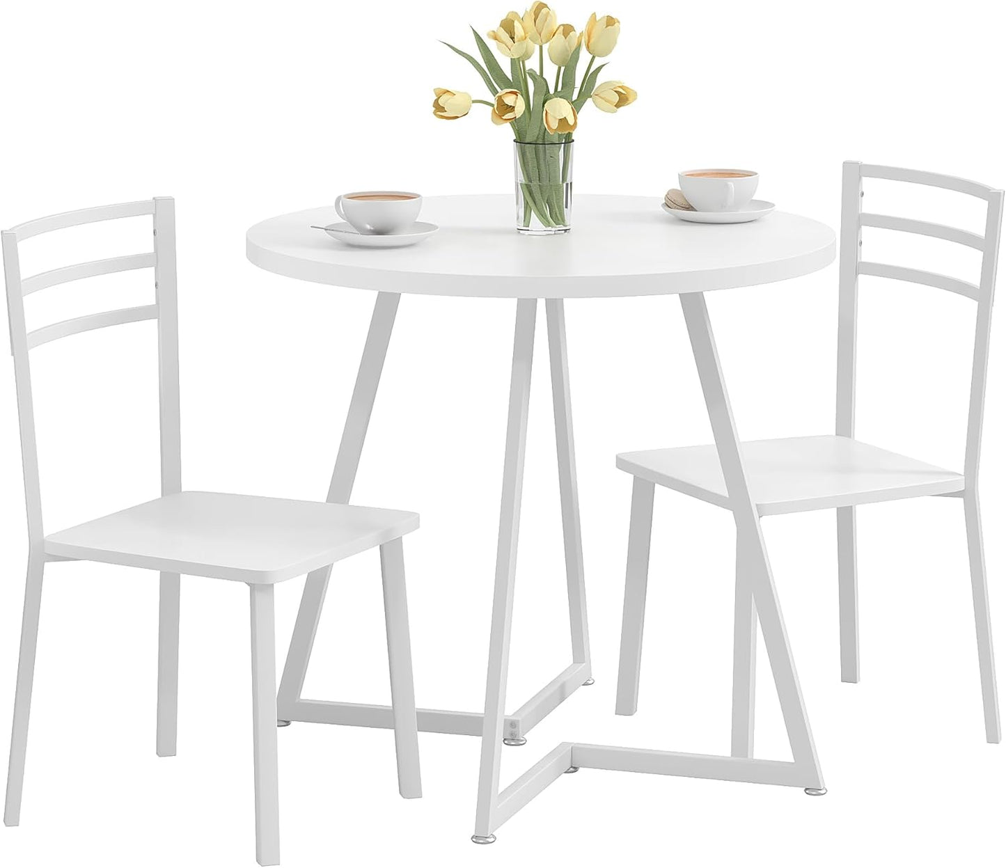 VECELO Small Round Dining Table Set for 2, Wood Tabletop with Strong Metal Frame, Modern Dinette with Chairs for Kitchen, Breakfast Nook Living Room, Pure White