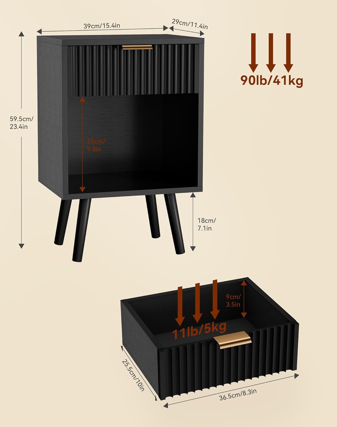 YMYNY Mid Century Modern Nightstand, Side Table, Fluted Night Stand with Drawer, Open Shelf Unit, Golden Handle, Solid Wood Legs, Bedside Table, for Bedroom, Black UHST013B